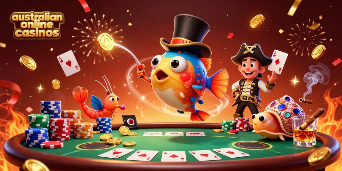 Engaging scene of australian online casinos featuring a charming anglerfish and lively characters amid poker elements.