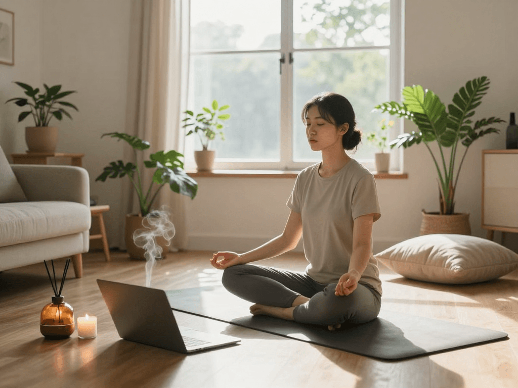 Mindfulness meditation in a serene home office with mantra88 enhancing wellness.