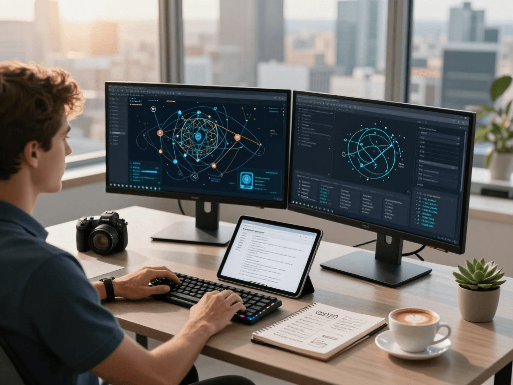 USDT0 developer workspace with blockchain diagrams and crypto wallet interface in a modern setting.