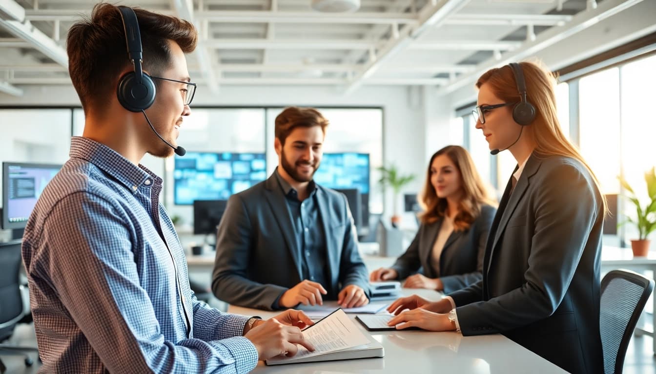 AI agents facilitating teamwork in a professional office environment with advanced technology.