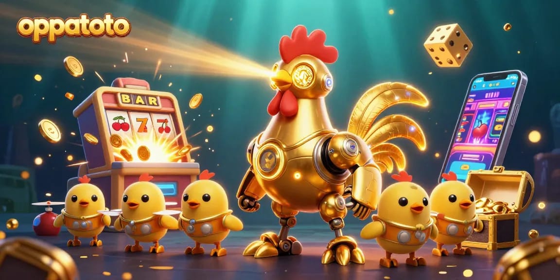 Engage with oppatoto's immersive gaming world featuring a golden rooster robot and jackpot slot machine.