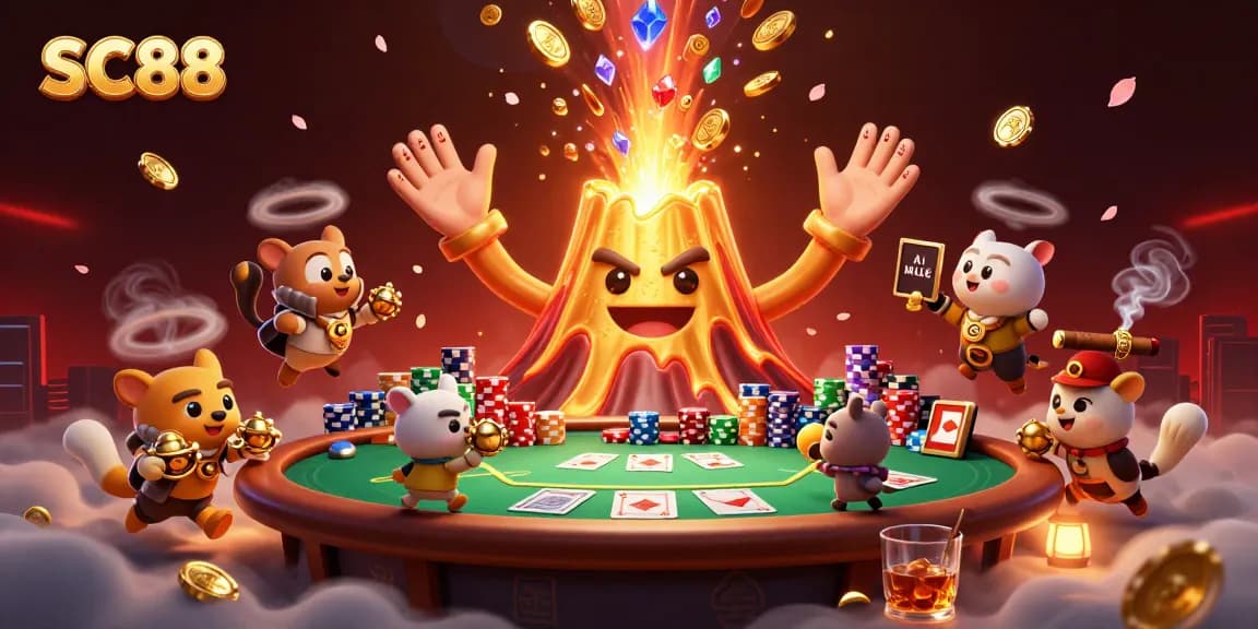 Engage with SC88’s thrilling casino atmosphere featuring a golden volcano erupting treasures.
