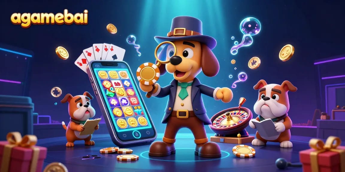 Join the adventure with agamebai; a detective dog reveals poker chip secrets amidst vibrant casino elements.