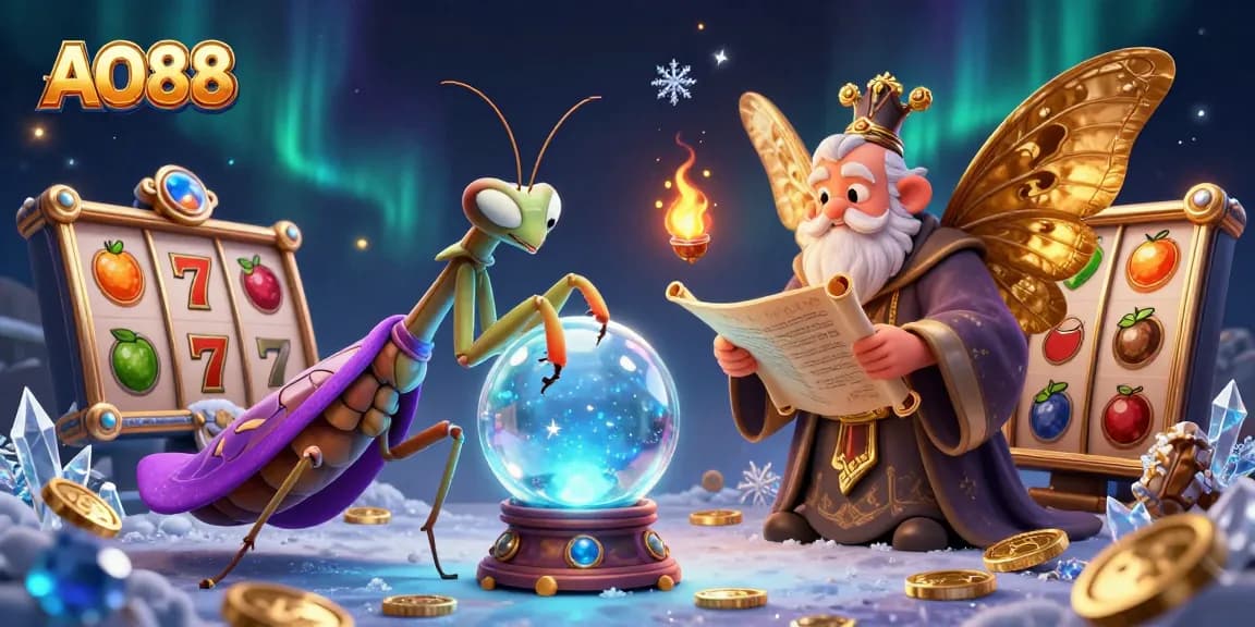 Experience the magic of AO88 with a vibrant 3D illustration of fortune-telling characters and slot elements.
