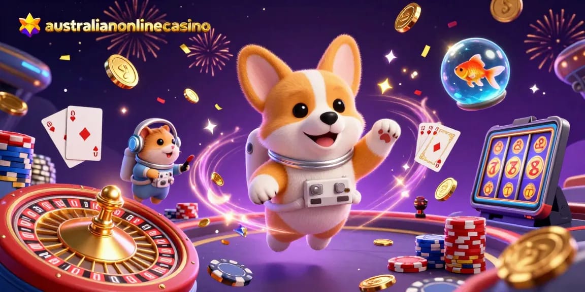 Experience winning moments at australianonlinecasino with an astronaut corgi amid floating coins and poker fun.
