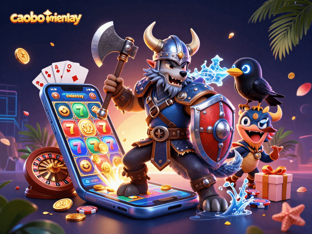 Engage with caoboimientay as Viking characters battle in a vibrant casino realm, featuring colorful slot games and treasure.