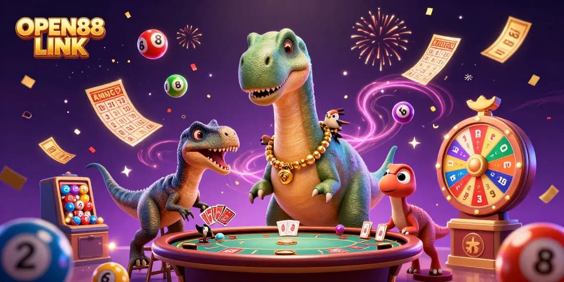Engage with OPEN88 LINK at a vibrant casino scene featuring lively characters and festive elements.