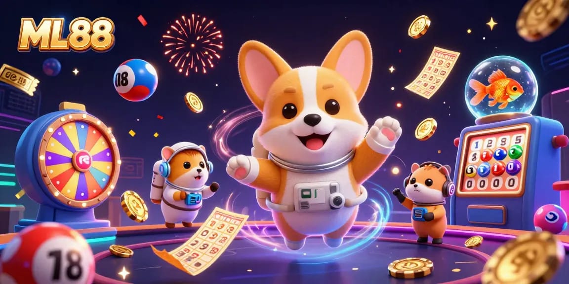 ML88 casino scene with a floating corgi, lottery balls, and dynamic game elements.