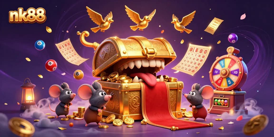 Engage with the thrilling nk88 experience, watching treasure chests luring adventurer mice amidst colorful gaming elements.