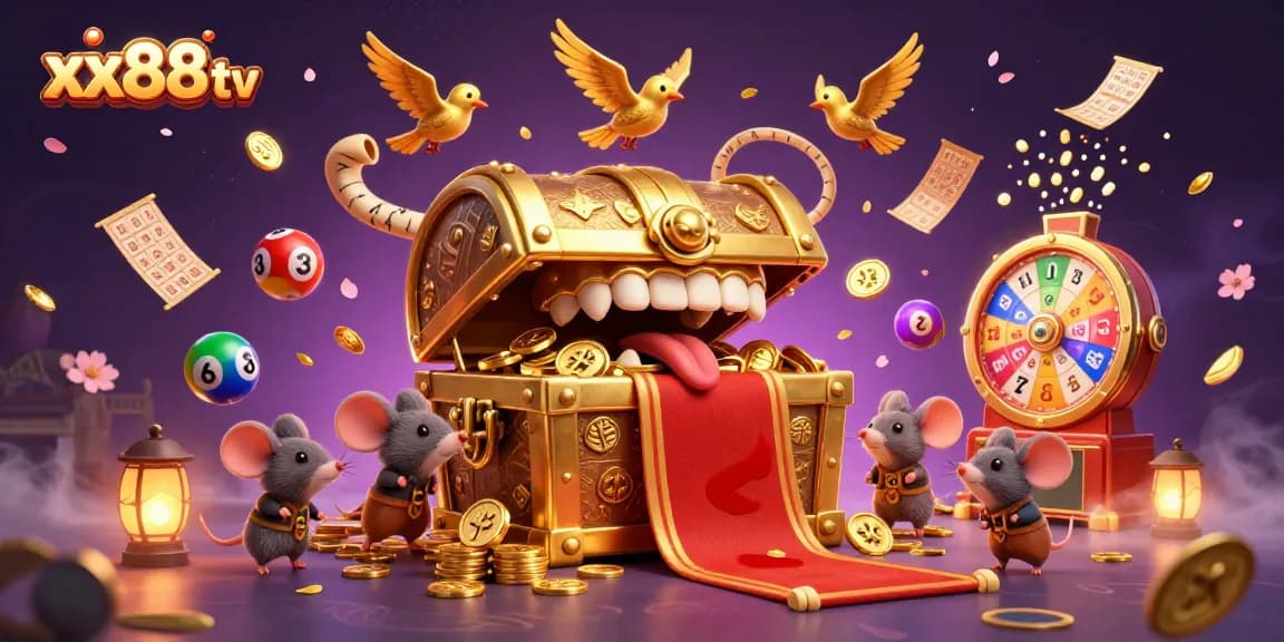 Experience exciting gameplay with xx88 tv as golden treasures and colorful lottery balls collide in this vivid casino scene.