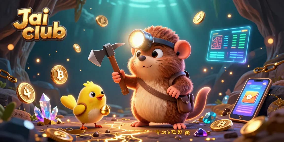 Engage in thrilling gaming adventures at Jai club with a scene showcasing vibrant 3D characters and cryptocurrency elements.