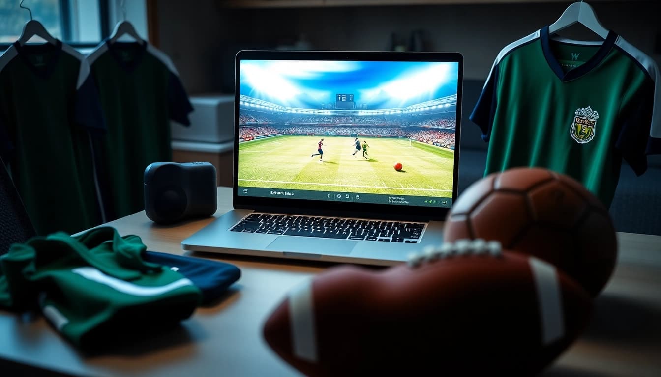 Streaming bolakami apk di laptop dengan peralatan olahraga di sekitarnya.