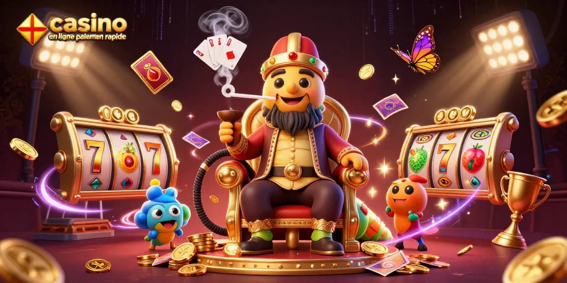 Illustration dynamique du "casino en ligne paiement rapide" avec un maître narguilé de chenille en costume de sultan sur un trône doré, entouré d'éléments de jeu.