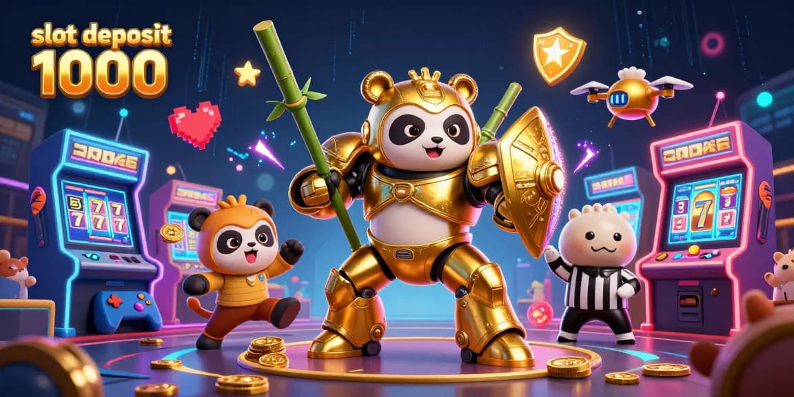 Grafik menampilkan slot deposit 1000 dengan panda emas dalam robot unik, dikelilingi elemen mesin permainan 3D yang berkilauan