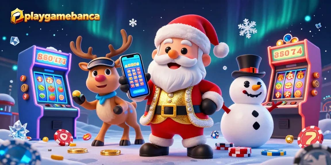 Santa celebrating jackpots at playgamebanca, surrounded by vibrant gaming elements and festive characters.