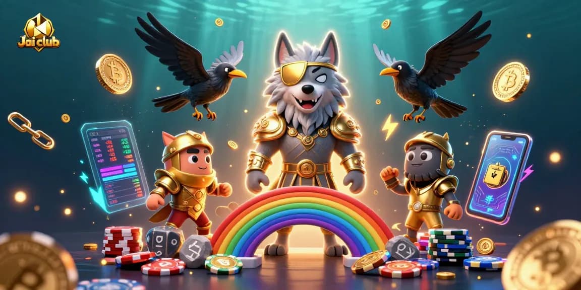 Engage in thrilling games at Jai club with a vibrant casino-themed illustration showcasing mythical characters and glowing cryptocurrency elements.