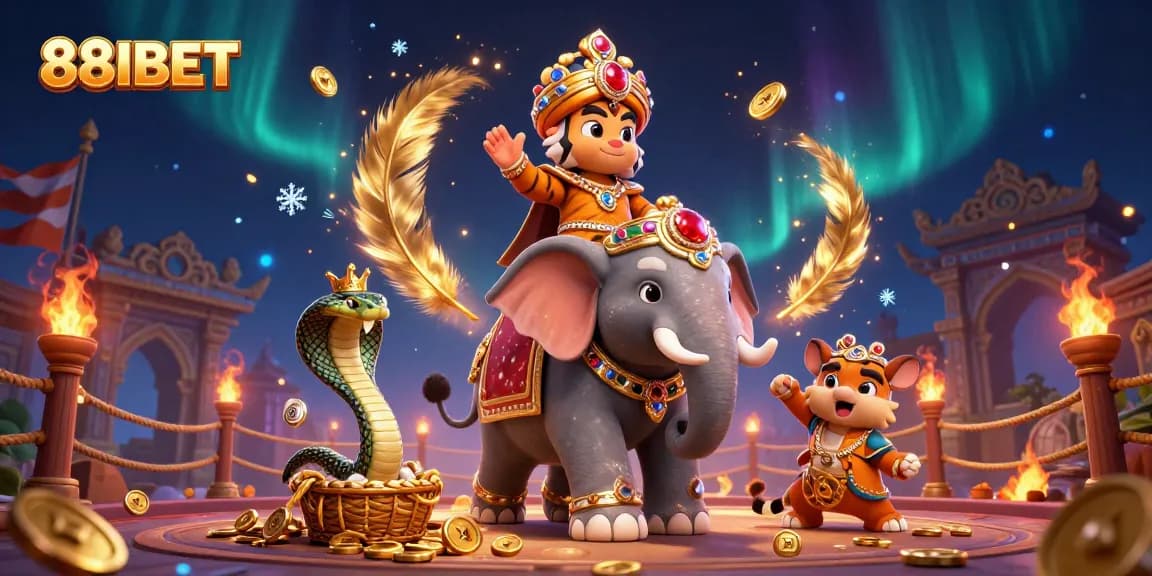 88IBET offers a vibrant 3D casino scene with a maharaja tiger and jewel-encrusted elephant, immersed in excitement.