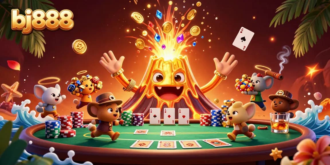 Engage with bj888's vibrant casino scene featuring a golden volcano erupting treasure alongside classic poker elements.