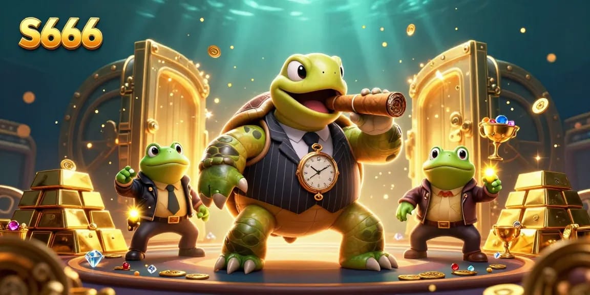 S666 casino illustration featuring a massive snapping turtle and bullfrog enforcers amidst golden treasures