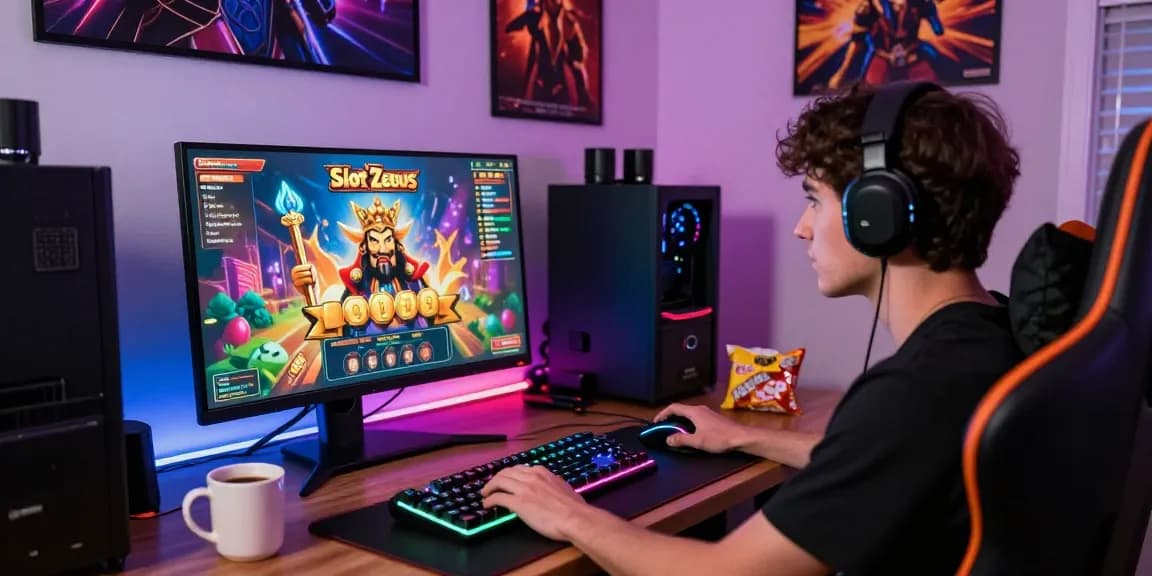 Player enjoying situs 888 slot games in an immersive online gaming setup, with vibrant visuals and gaming peripherals.