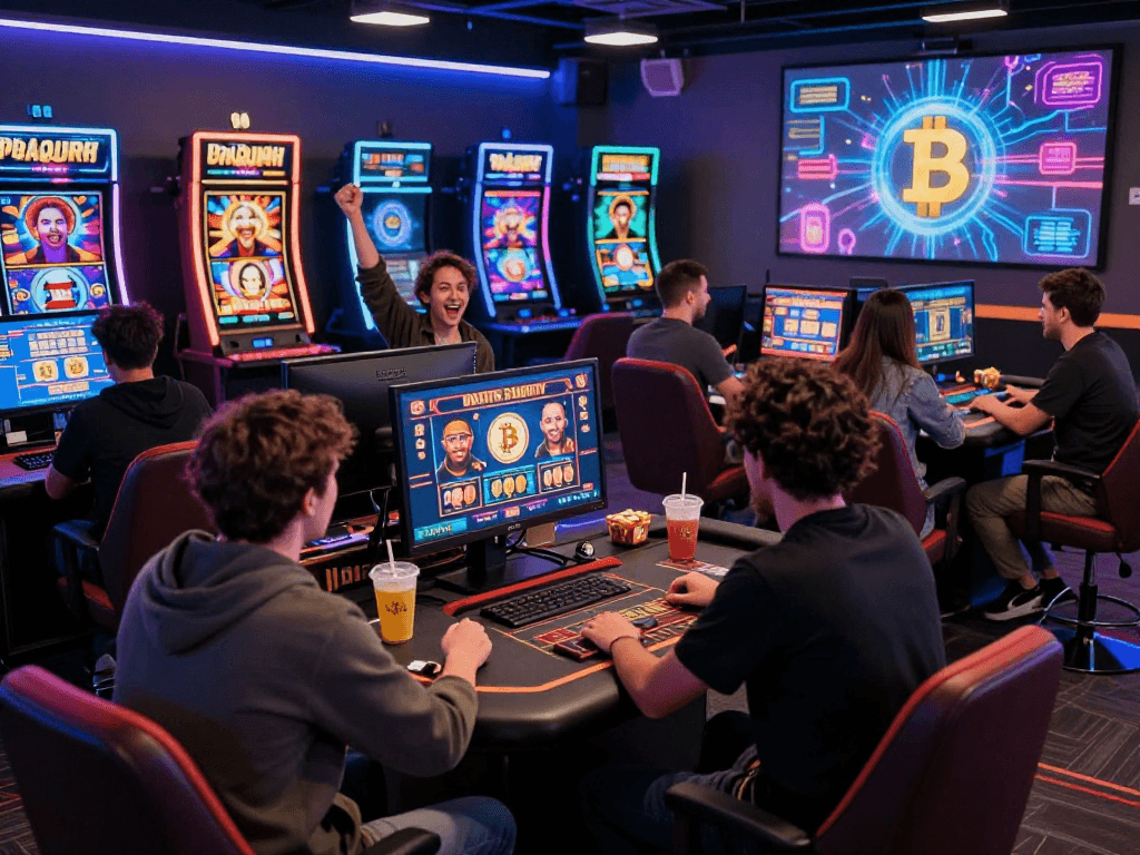 Engaged players in a dynamic crypto casino, showcasing vibrant games and digital currency excitement.