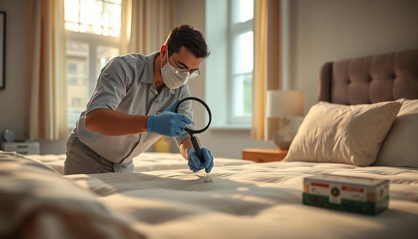 Expert technician conducting bed bug removal in a modern bedroom, highlighting the inspection process.