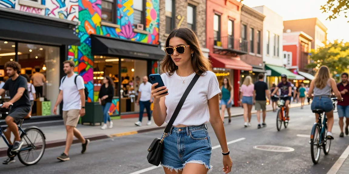Gái gọi tự tin đi dạo phố với trang phục thời trang, khung cảnh sống động.