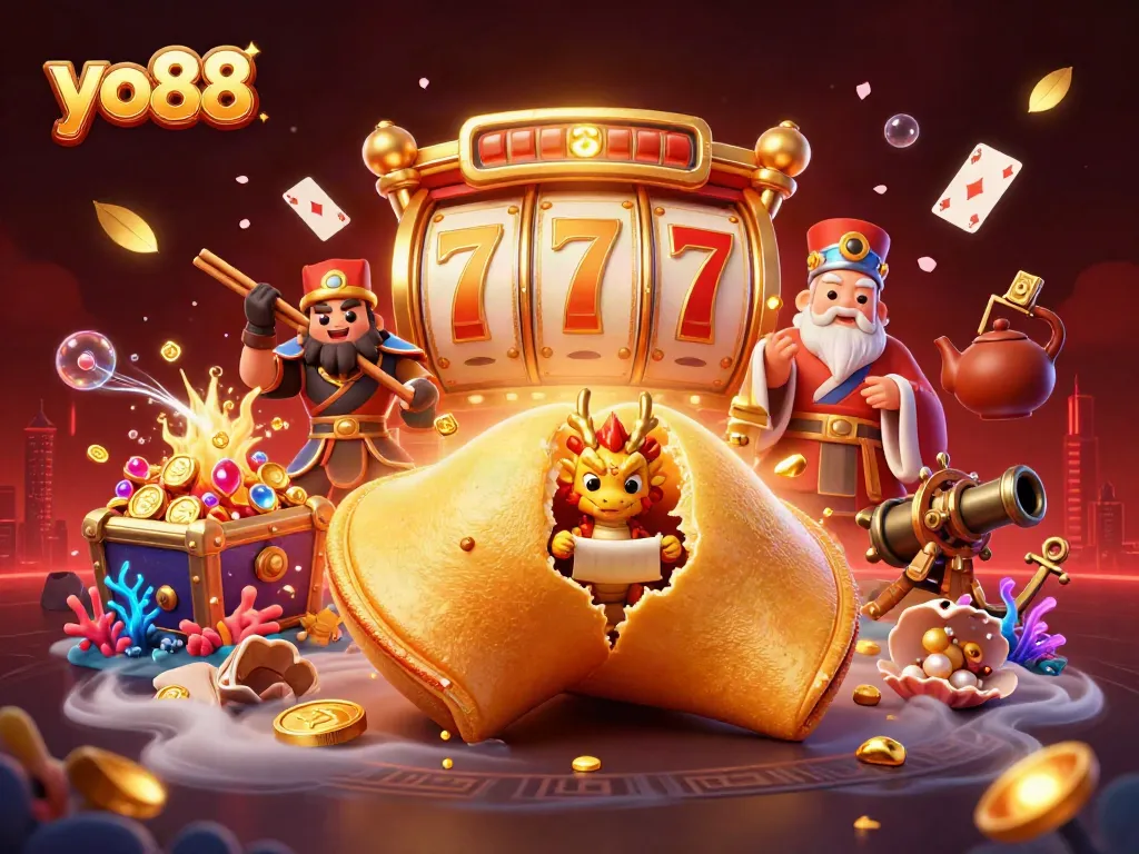 Experience dynamic gameplay at yo88 with fortune cookie symbols and golden treasure in a vibrant casino scene.