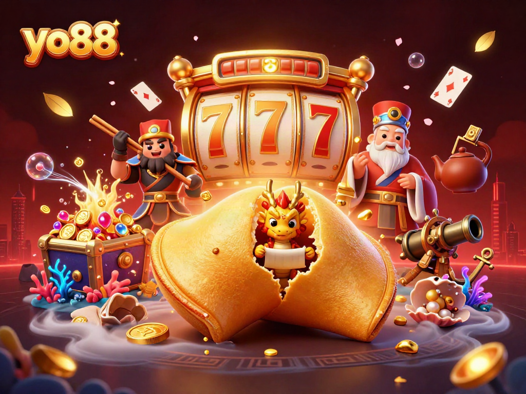 Experience dynamic gameplay at yo88 with fortune cookie symbols and golden treasure in a vibrant casino scene.