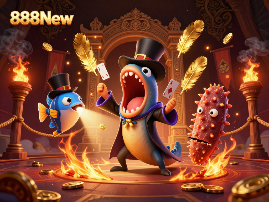 Engage with 888New's vibrant casino magic scene showcasing unique aquatic characters performing stunning tricks.