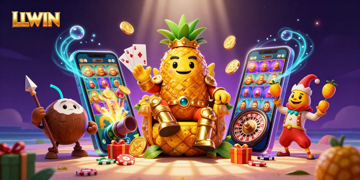 Win big at LLWIN with a vibrant casino scene featuring a golden pineapple king and dynamic gameplay elements.