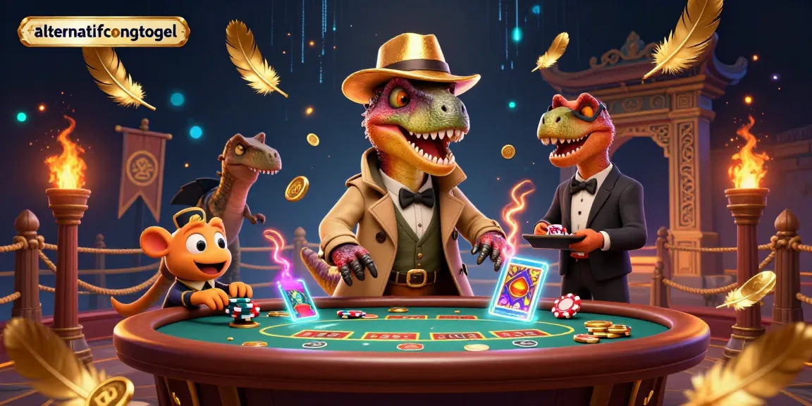 Join the excitement at alternatifcongtogel with a cartoon velociraptor and stegosaurus capturing casino energy!