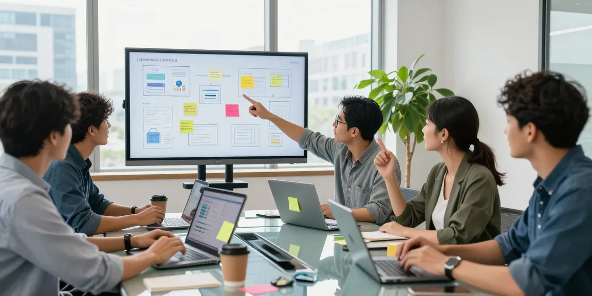 Team collaboration in a tech workspace at https://www.bdtjl.app/ with laptops, sticky notes, and city views.