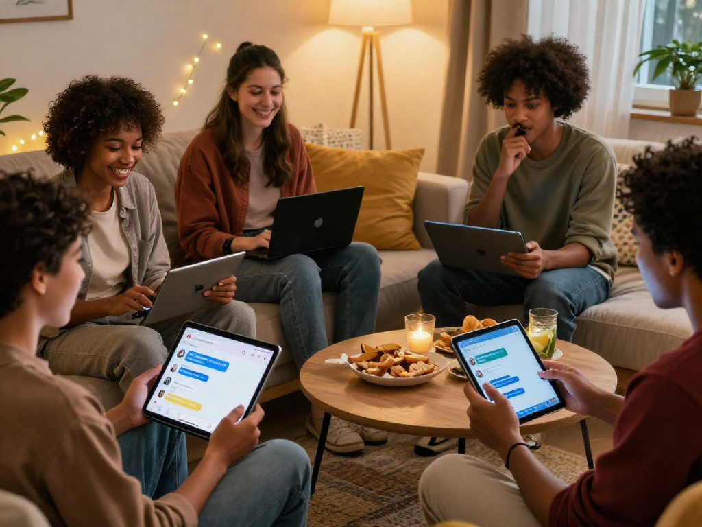 Engaging sex chat scene with diverse individuals sharing laughs and responses in a cozy setting.