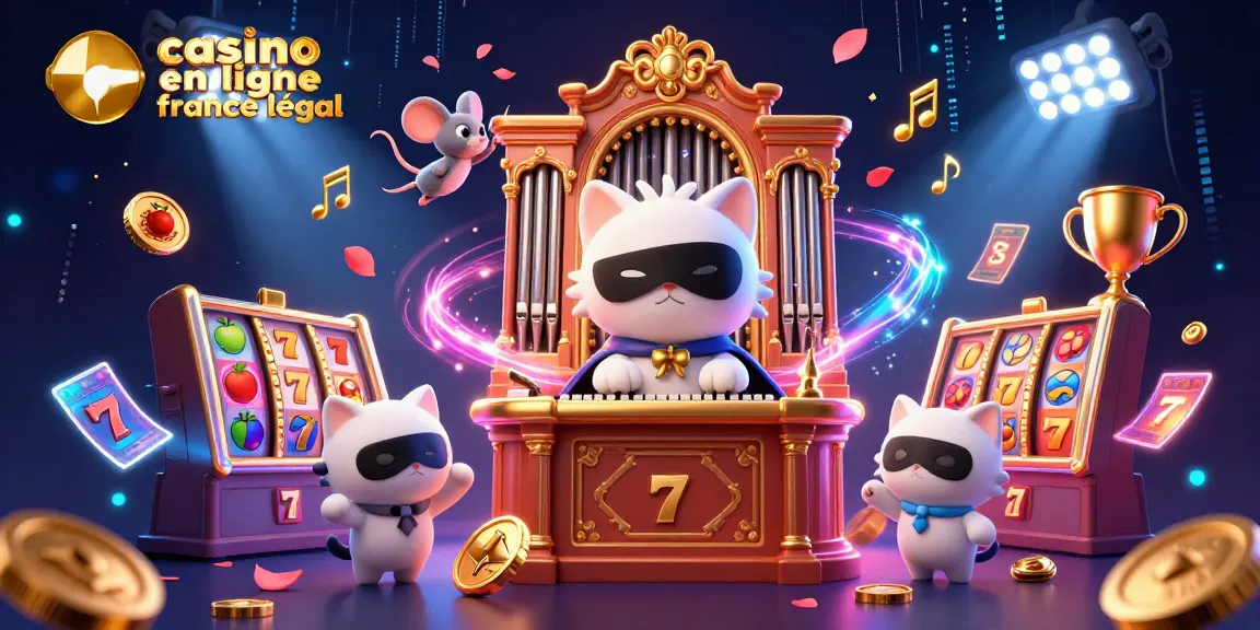 Illustration dynamique de casino en ligne France légal avec un chat élégant, des rouleaux de machines à sous, et des pièces d'or.