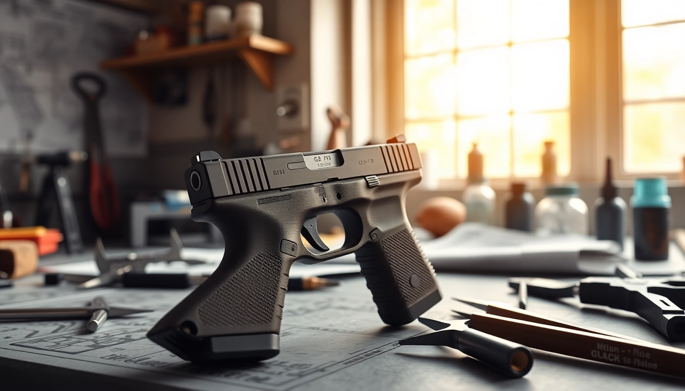 Inspecting high-quality glock 19 slides in a workshop with tools and blueprints.