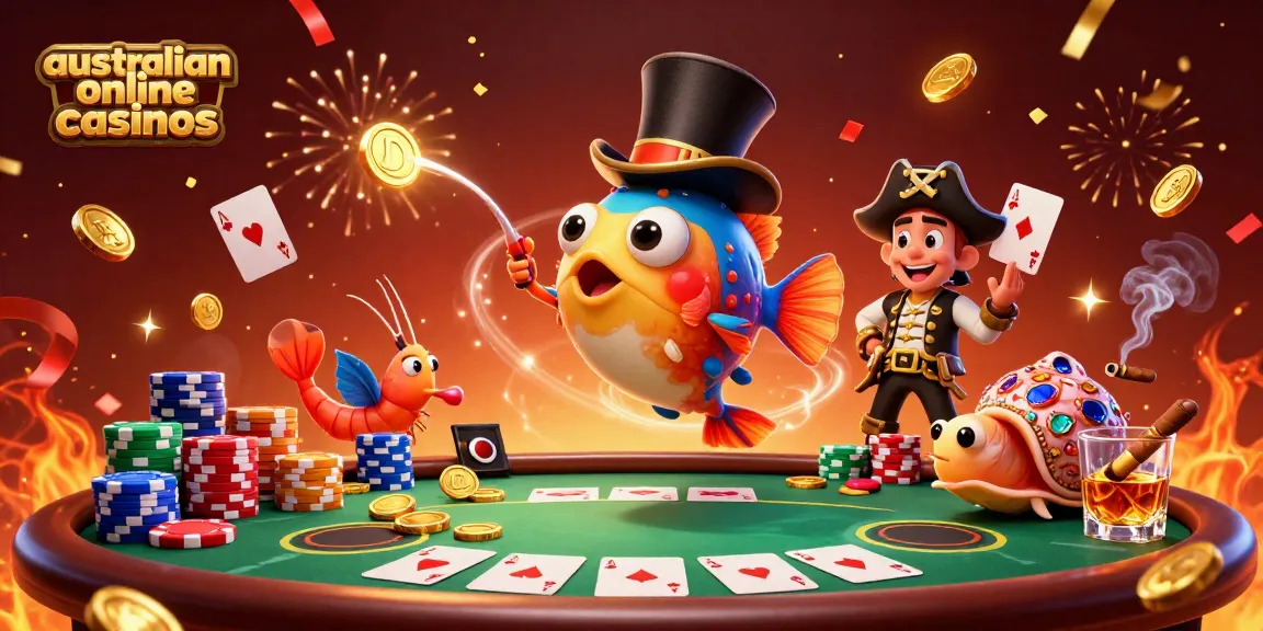 Engaging scene of australian online casinos featuring a charming anglerfish and lively characters amid poker elements.