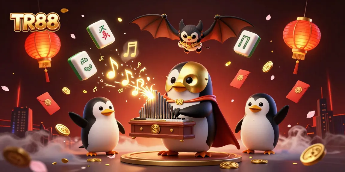 Engage with TR88's vibrant casino scene, featuring acrobatics, golden coins, and festive elements.