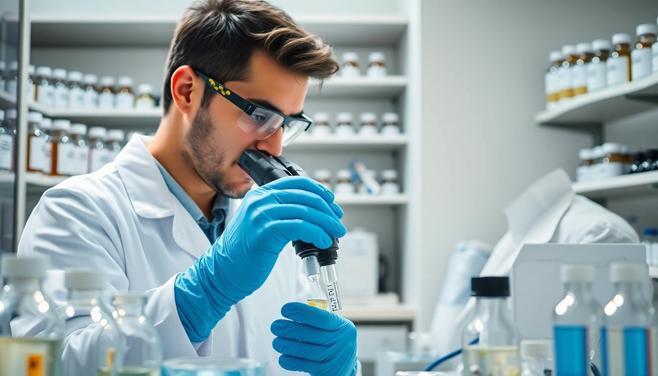 Explore peptides for sale while a researcher analyzes them in a bright laboratory setting.