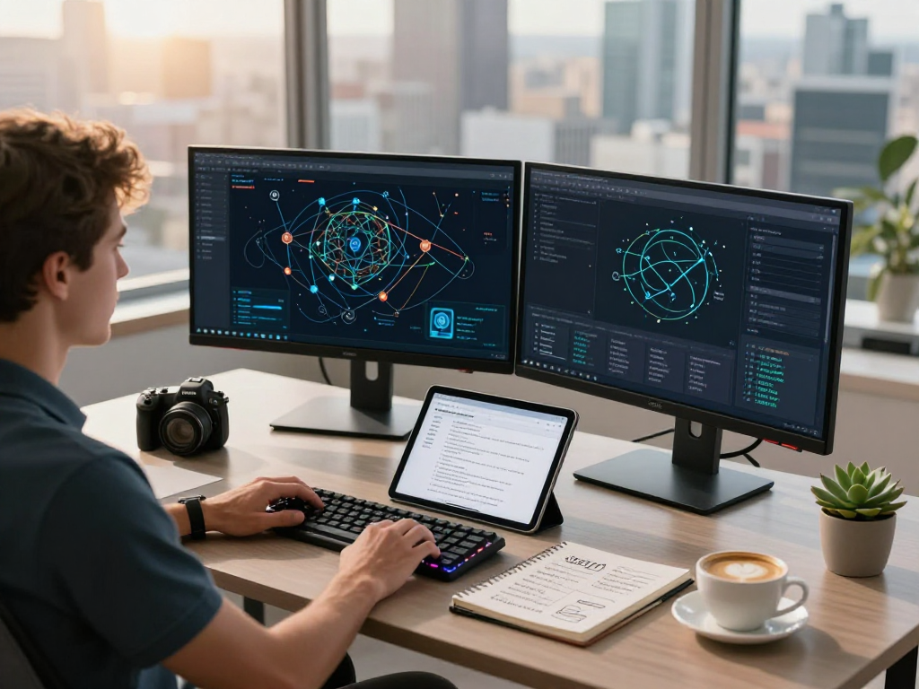 USDT0 developer workspace with blockchain diagrams and crypto wallet interface in a modern setting.