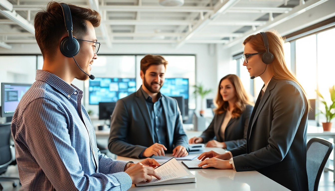 AI agents facilitating teamwork in a professional office environment with advanced technology.