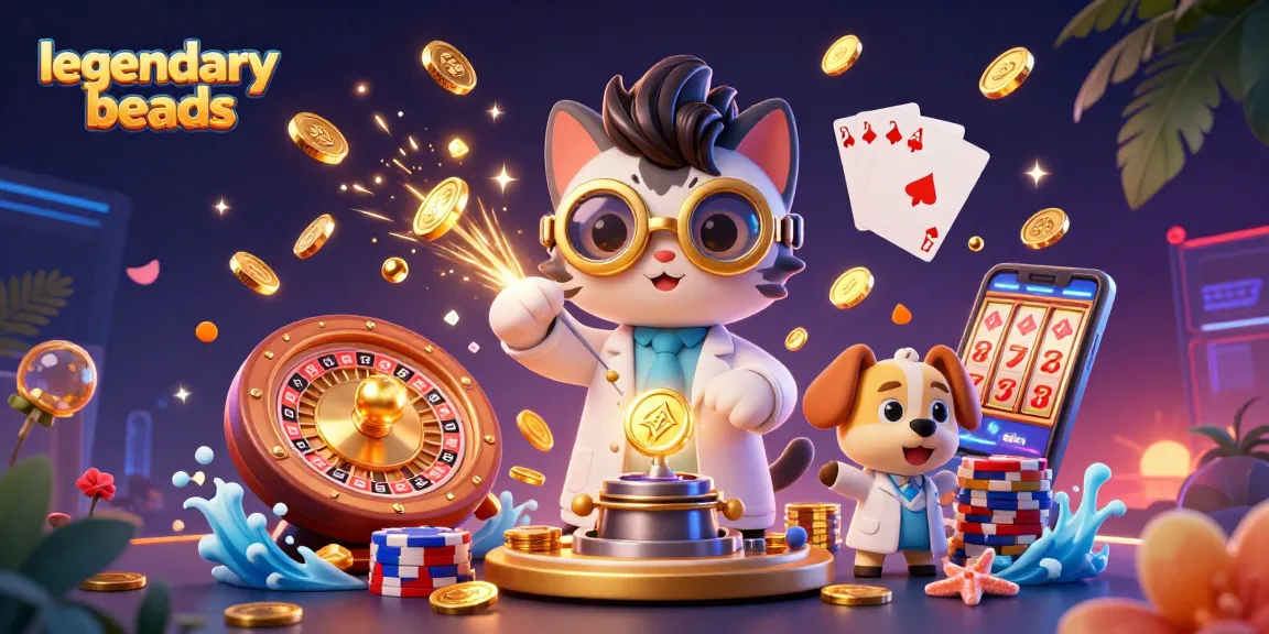 Legendarybeads illuminates gaming zeal with a mad scientist and golden treasures in a lively casino scene.