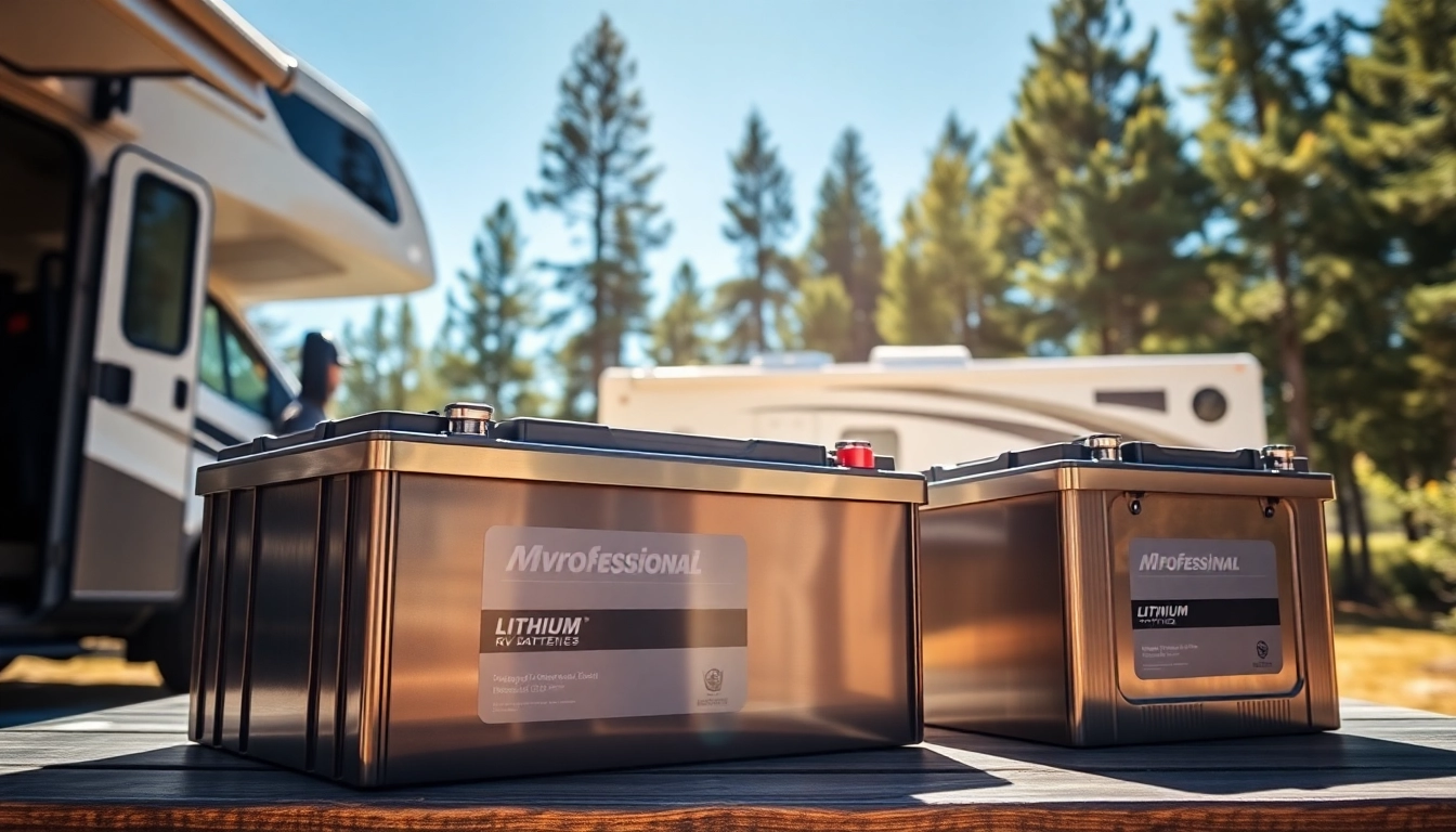 Showcase of lithium RV batteries highlighting their design and functionality in an outdoor setting.