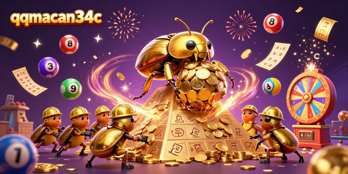 Engage in thrilling gameplay with qqmacan34c's dynamic casino-themed illustration featuring golden beetles and festive elements.