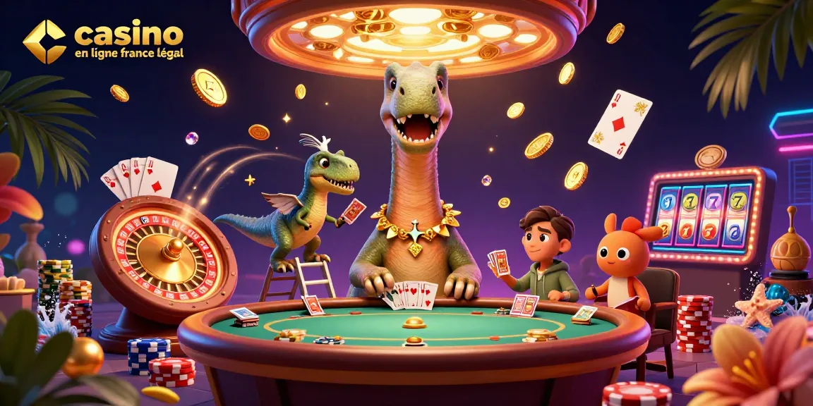 Profitez des jeux de casino en ligne légaux en France avec une illustration captivante de dinosaures au casino.