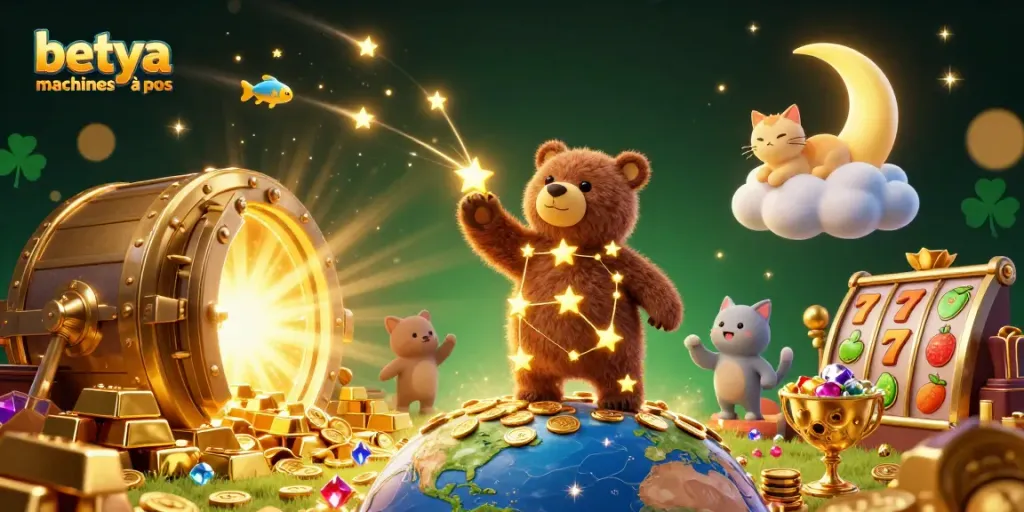 Engage with betya machines à sous as a constellation bear scoops up coins amidst vibrant casino visuals.