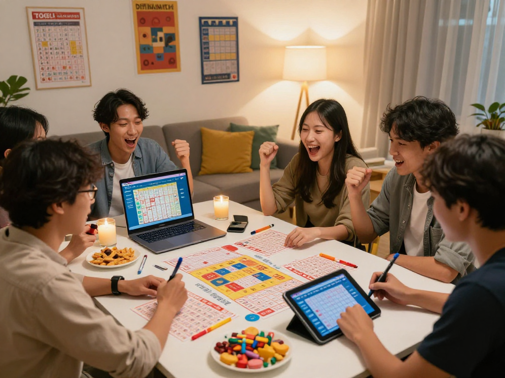 Dewatogel gaming night with friends enjoying lottery excitement in a cozy room