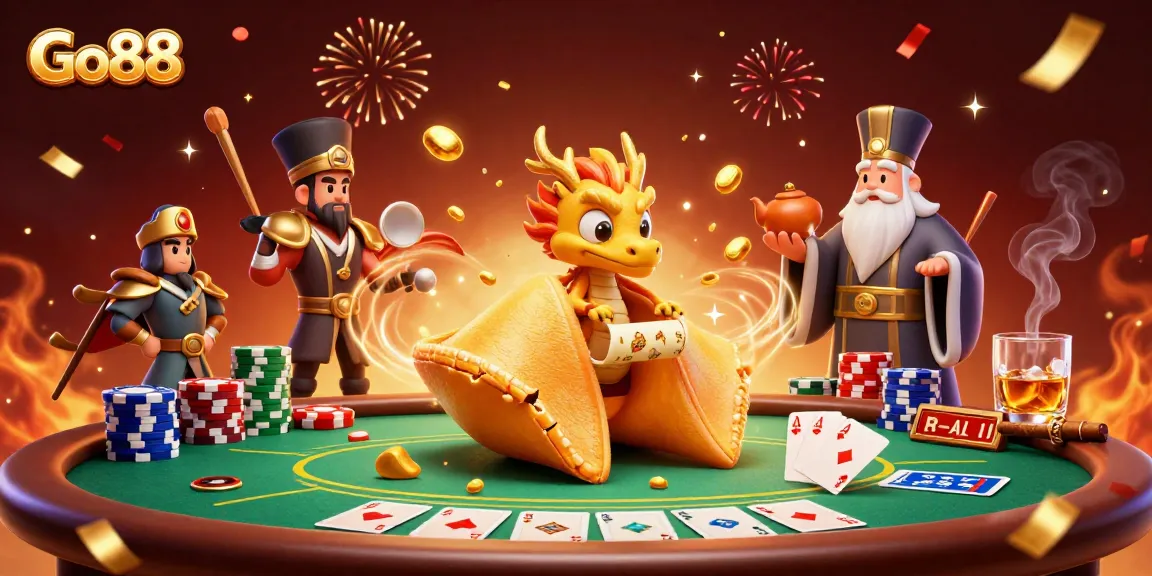 Go88 promotes excitement with a golden fortune cookie and poker elements illustrating jackpot wins.