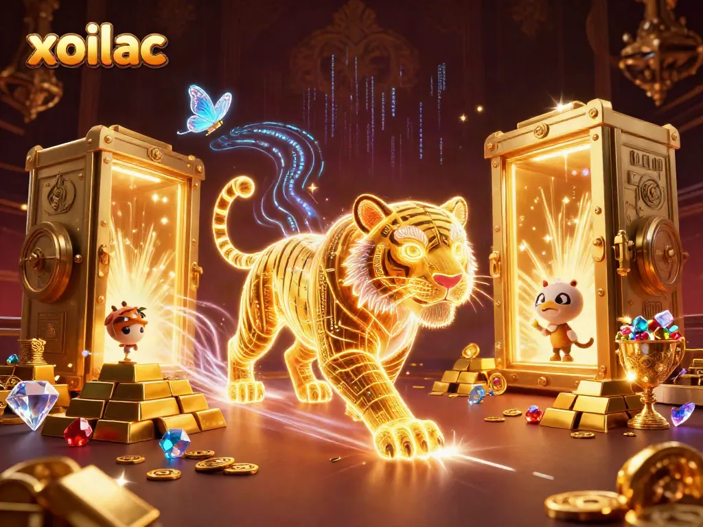 Xoilac's engaging digital casino world illustrated with a neon tiger and treasures.