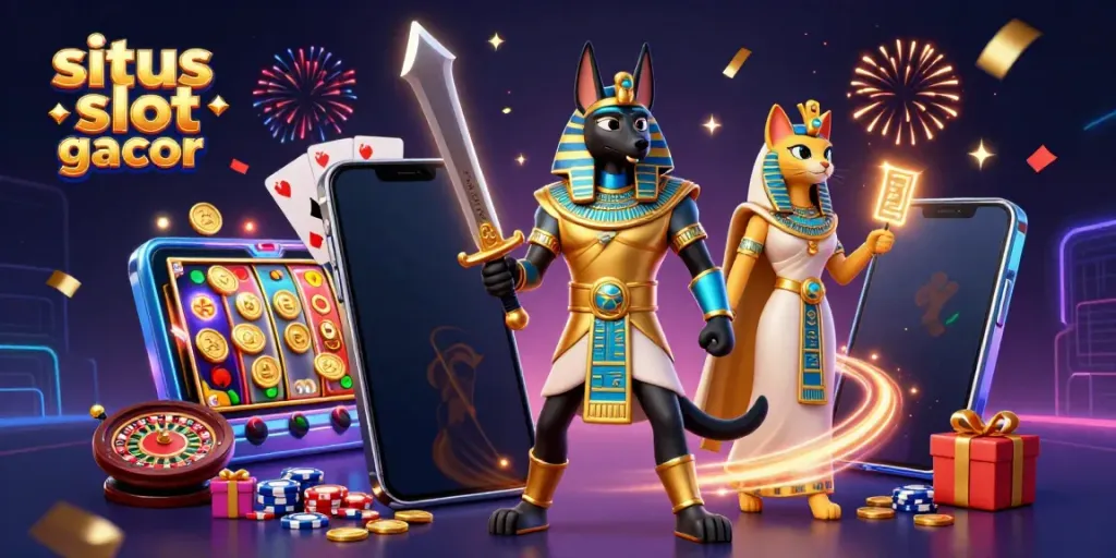 Menggunakan situs slot gacor dengan Anubis dan Bastet dalam ilustrasi kasino 3D yang menakjubkan.